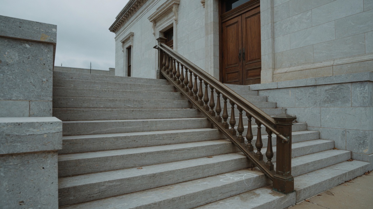 Empty limestone courthouse steps and a bronze railing, no people.