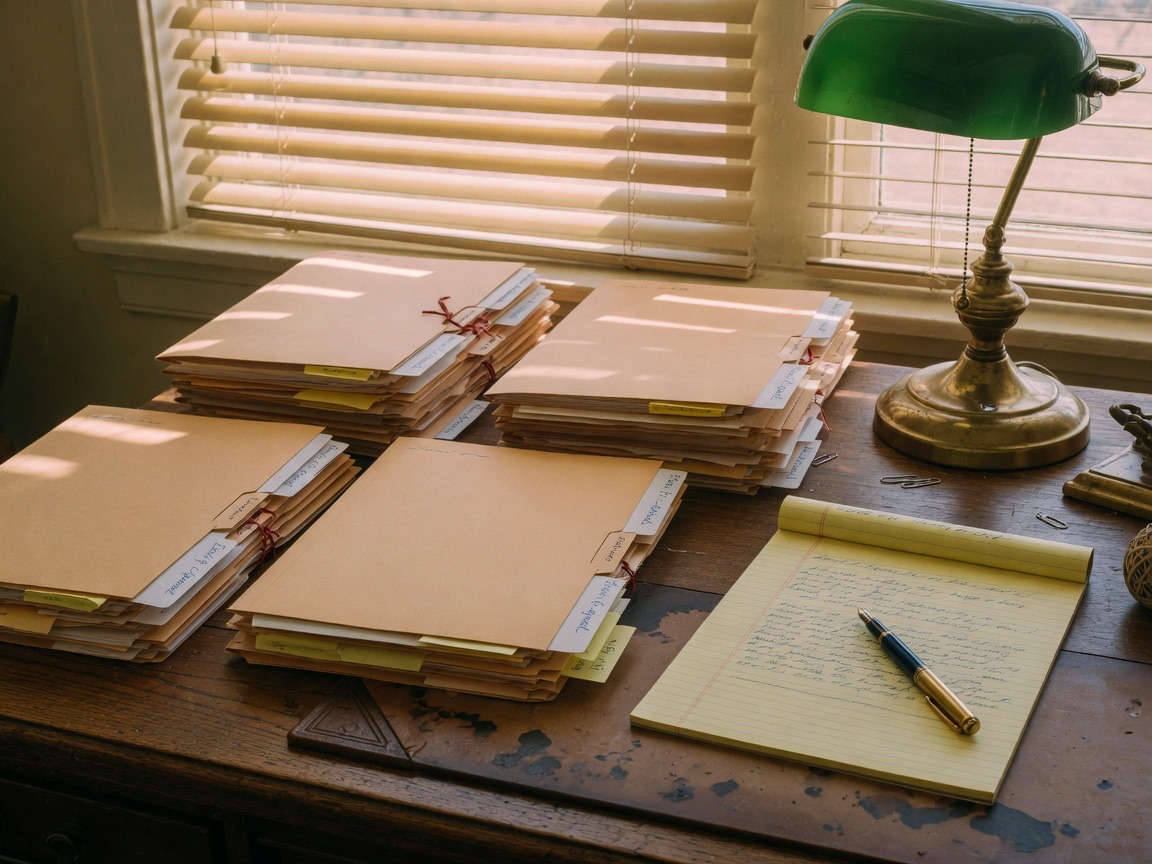 A small-town lawyer’s desk: manila folders, a brass lamp, a legal pad.
