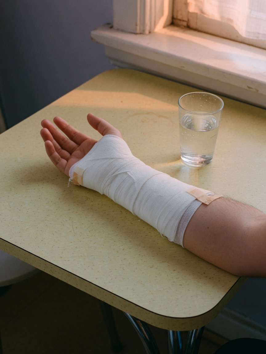An adult forearm wrapped in clean gauze on a kitchen table beside a glass of water.