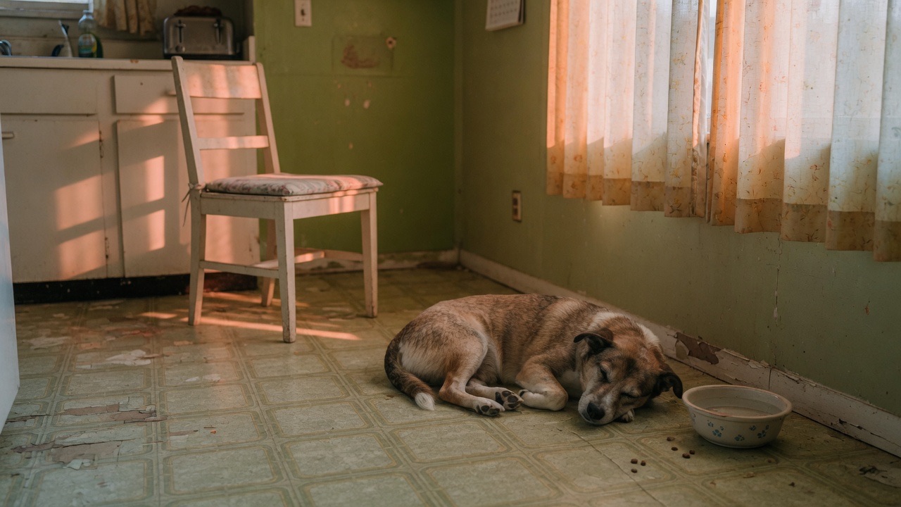 A mixed-breed dog asleep on a worn kitchen floor in late afternoon light.