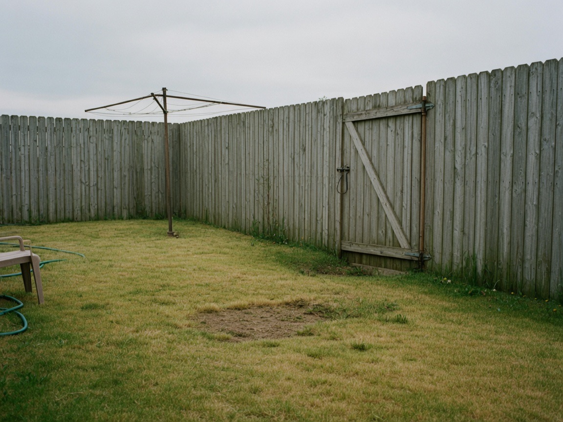 An empty suburban backyard and wooden fence under overcast light.